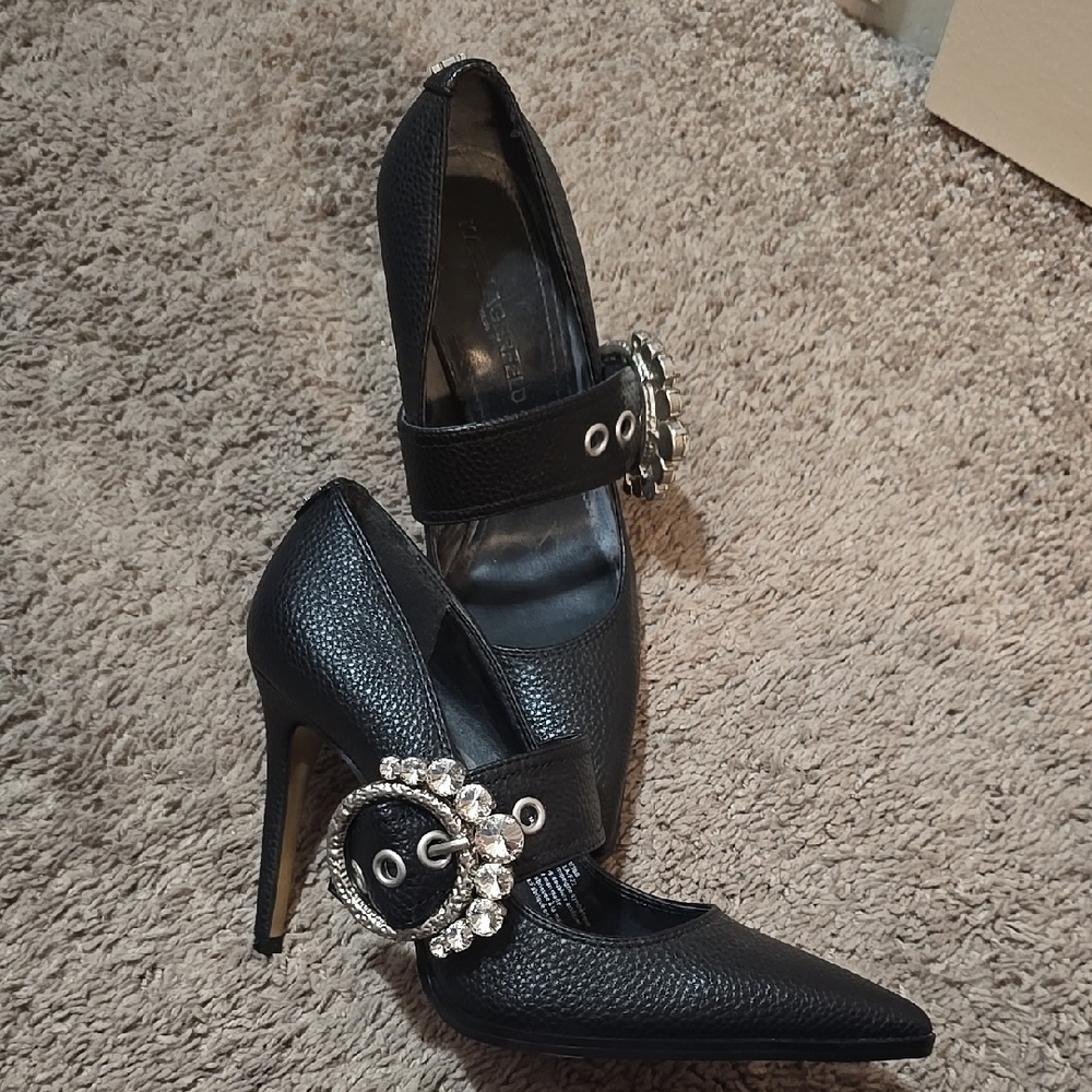 Elegant Black Heels with Rhinestone Buckle